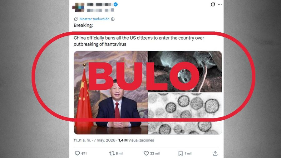 Mensaje que difunde el bulo de que China prohíbe la entrada de estadounidenses en el país por el brote de hantavirus
