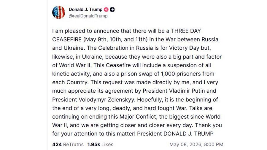 Mensaje de Trump en su red social en el que anuncia una tregua entre Ucrania y Rusia