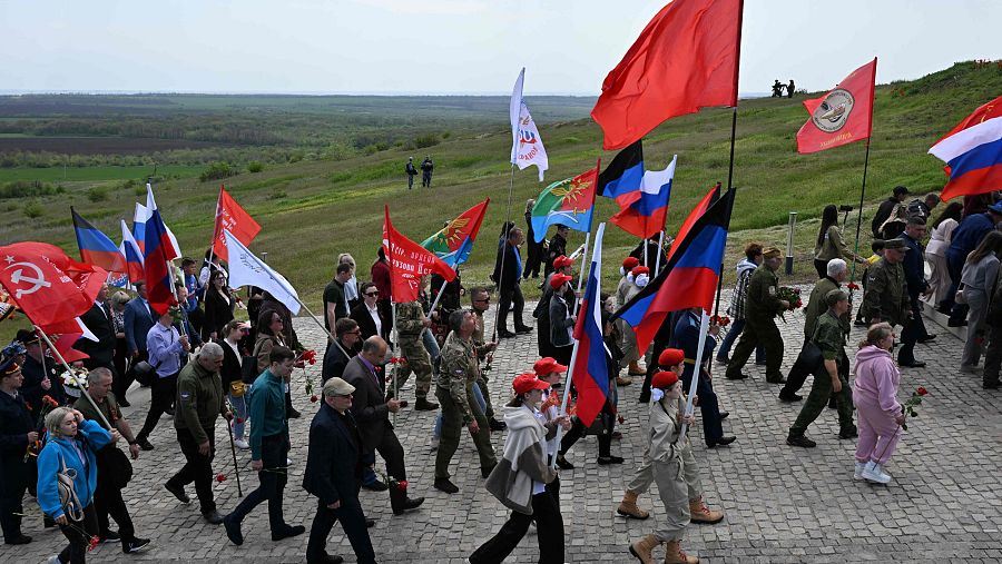 Ceremonia de la victoria en la Segunda Guerra Mundial en la región de Donetsk, zona de Ucrania bajo control ruso.