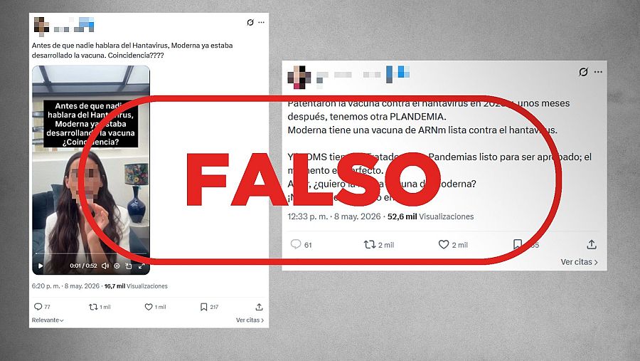 Publicaciones que difunden la falsa idea de que el hantavirus es una pandemia planeada.