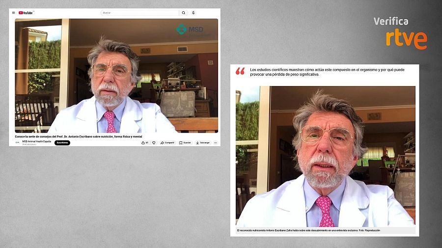 A la derecha, fotograma de una entrevista real en el canal de YouTube, a la izquierda, el utilizado en la web falsa