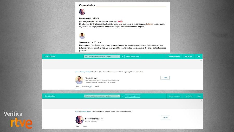 Capturas de falsas reseñas de la web y las mismas fotos atribuidas a otras personas en Researchgate
