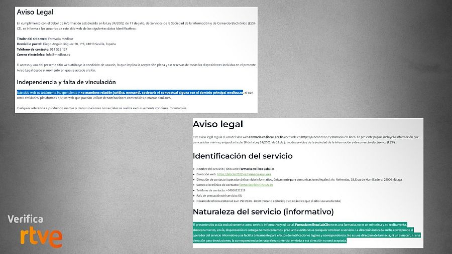 Capturas del aviso legal de webs con apariencia de portales de farmacias que promocionan 'Balancio'