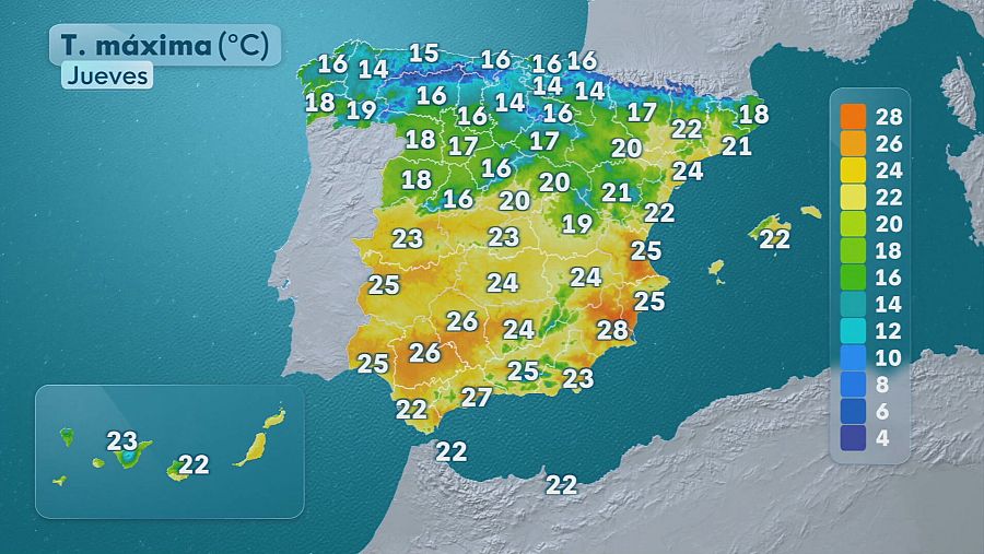 Mapa de temperaturas máximas para el 14 de mayo