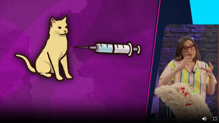 La investigadora Elisabet Prats explica en Órbita Laika las opciones para tratar la alergia a los gatos, con una ilustración de un gato y una jeringa en pantalla