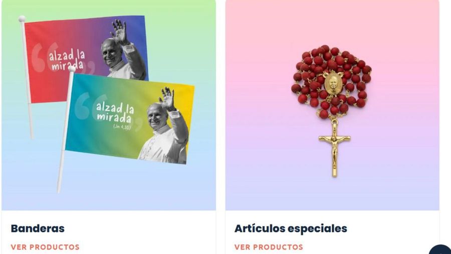 Algunos de los productos oficiales de la visita del papa a España.