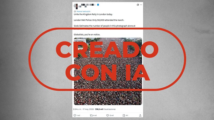 Mensaje que difunde una foto hecha con IA como si fuese la manifestación en Londres el sábado.