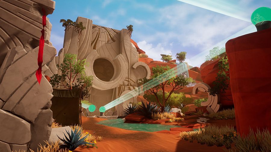 Imagen del videojuego Call of the Elder Gods (Out of the Blue Games). Un bosuqe con ruinas de una civilizacion antigua y unas esferas que desprenden rayos