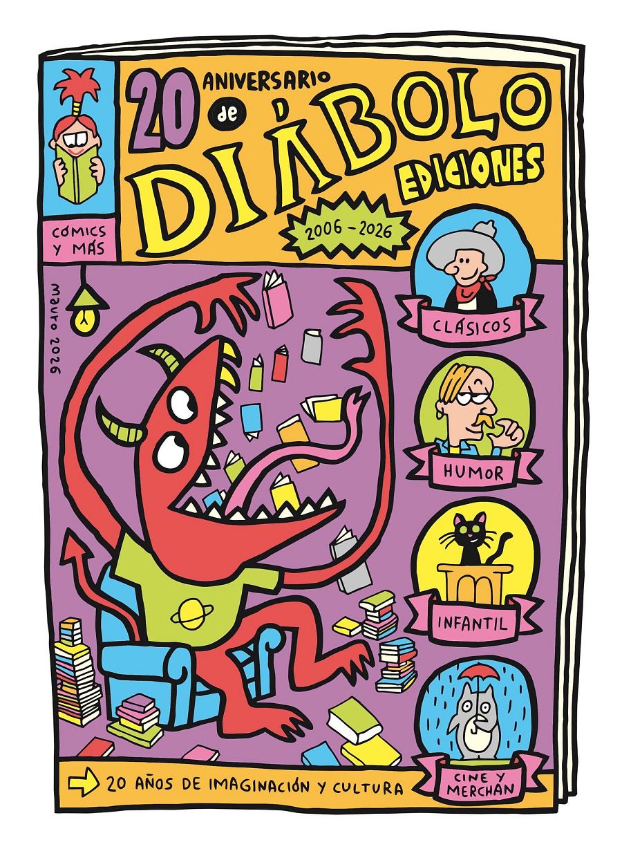 Cartel del 20º aniversario de Diábolo Ediciones (2006-2026) por Mauro Entrialgo, con un demonio lector y secciones de Clásicos, Humor, Infantil y Cine/Merchán.