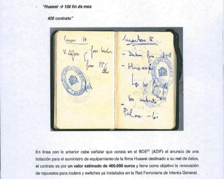 Imagen del sumario del caso Plus Ultra, con una fotografía de la agenda de Julio Martínez Martínez