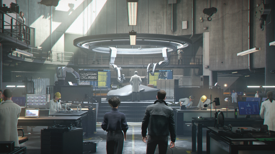 Imagen del videojuego 007 First Light. Un laboratorio con científicos trabajando. Al fondo se ven brazos robotizados y una estructura en forma de coche deportivo