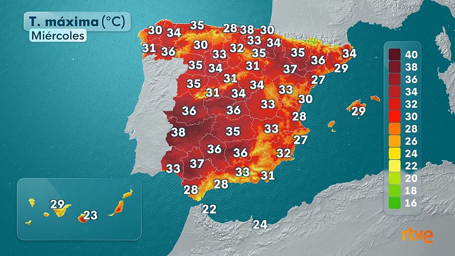 Mapa de temperaturas máximas del miércoles