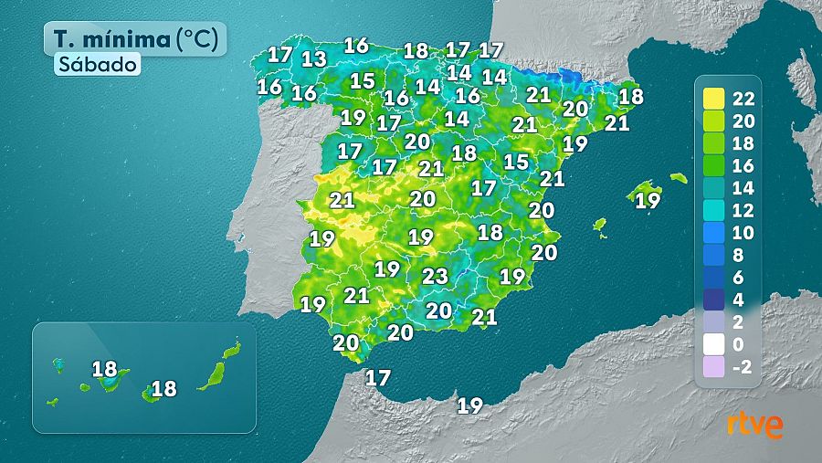 Mapa de temperaturas mínimas para el sábado
