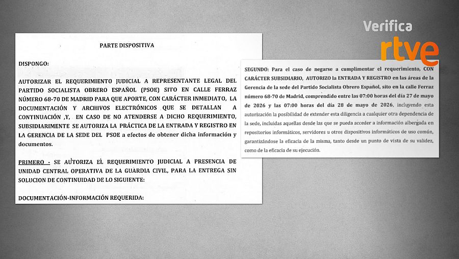 Parte dispositiva del auto que autoriza el requerimiento judicial en la sede del PSOE de Ferraz en Madrid 