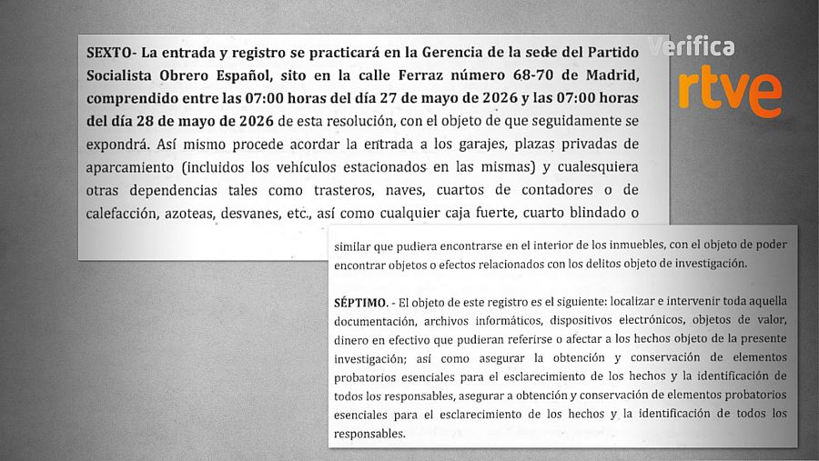 Punto 'sexto' del apartado de 'Razonamientos jurídicos' del auto que autoriza el requerimiento judicial en la sede del PSOE de Ferraz en Madrid 