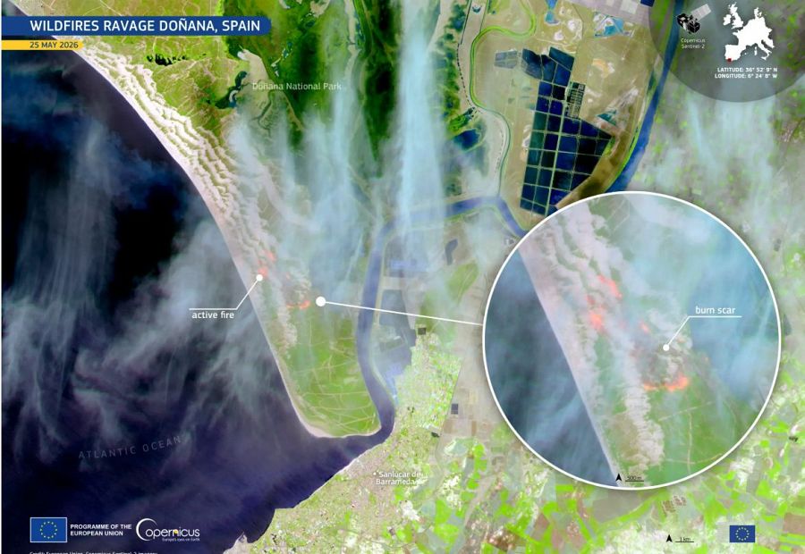 Incendio de Doñana visto desde el satélite Copernicus Sentinel-2