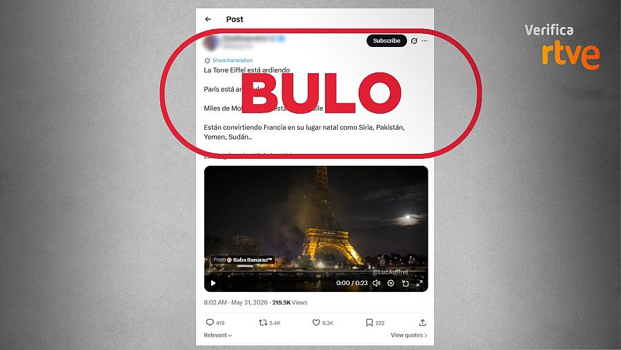 Captura del mensaje de X que difunde el bulo de que la Torre Eiffel está ardiendo.
