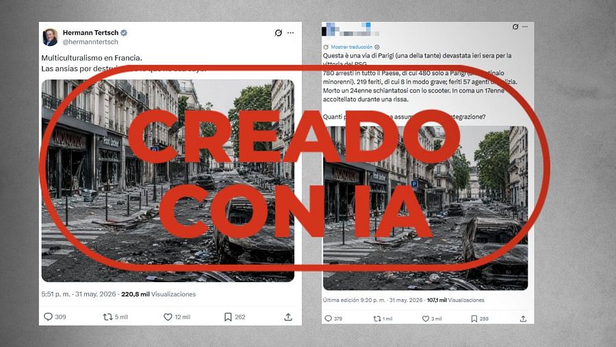 Publicaciones de X que difunden una foto hecha con IA y la atribuyen a los destrozos en París