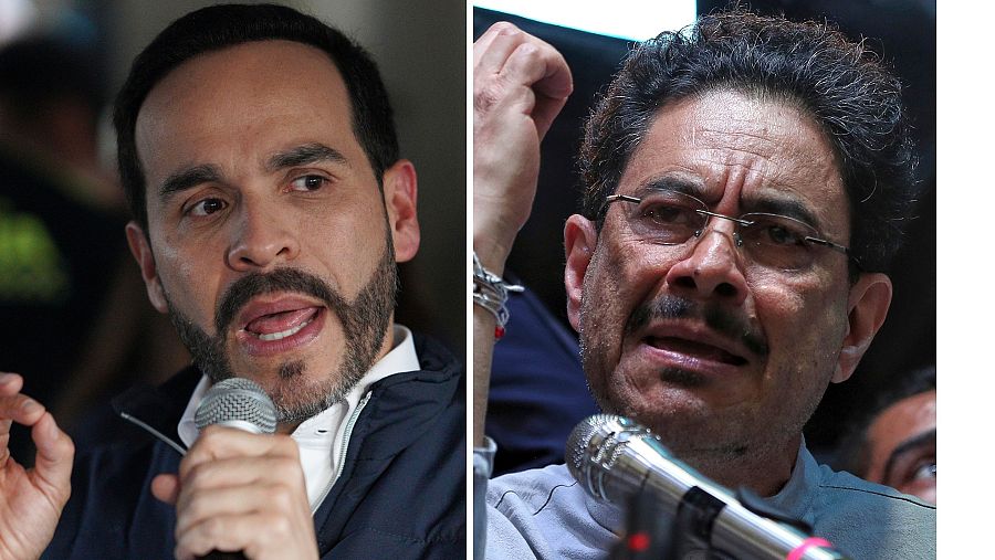 Díptico de Abelardo de la Espriella e Iván Cepeda, ambos políticos colombianos, hablando en micrófonos en un evento público. Sus gestos y expresiones sugieren un debate o declaración.