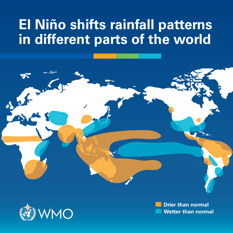 Zonas del mundo donde lloverá más de lo habitual por El Niño (en azul) y menos de lo normal (en naranja)