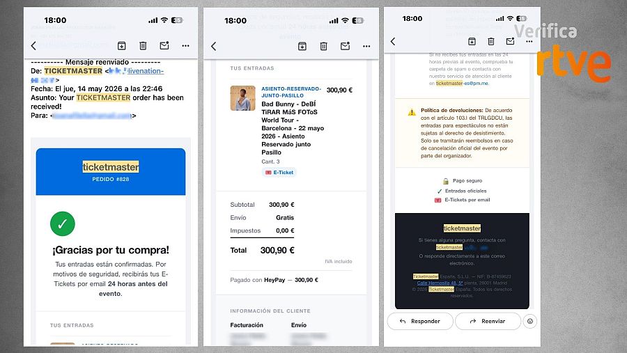 Capturas de mensajes que suplantan a la empresa de Ticketmaster.