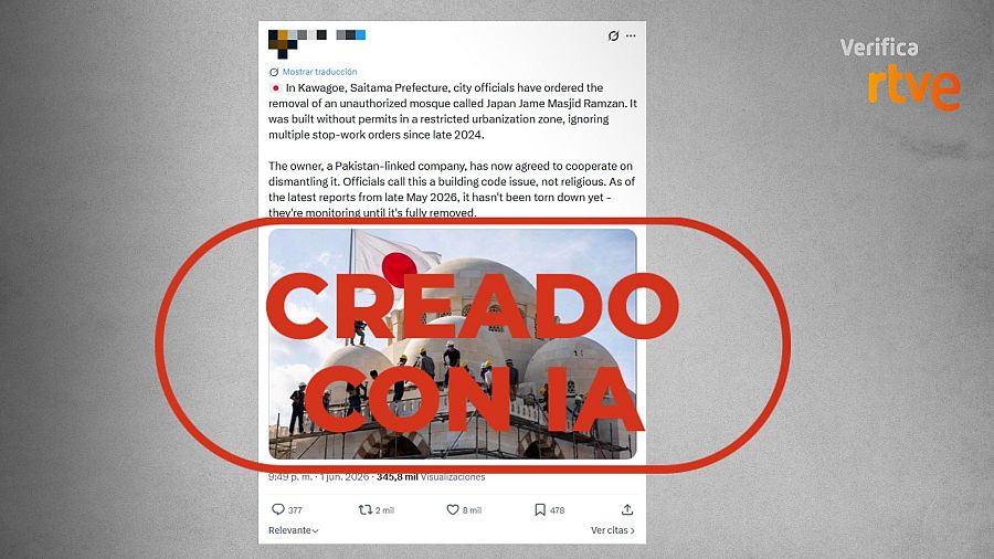Mensaje que comparte una foto de una mezquita en Japón generada en IA