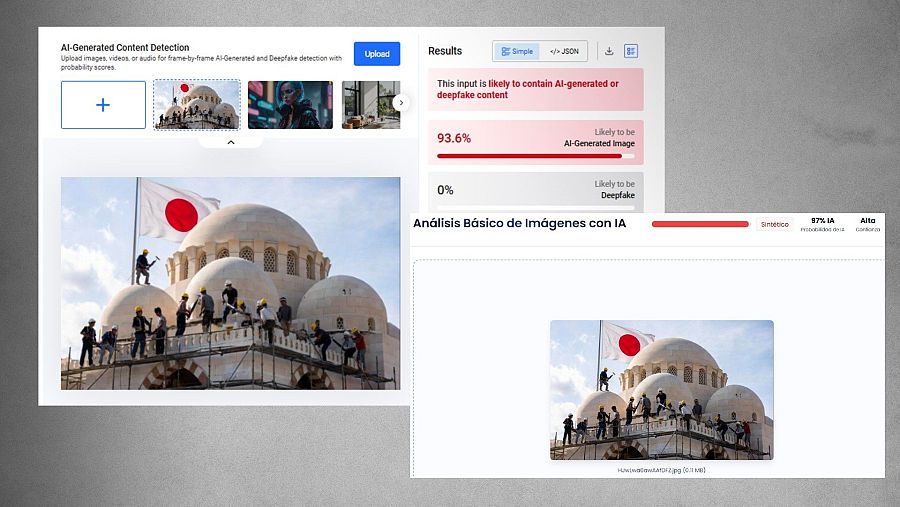 Resultado de las herramientas de IA Truth Scan y Hive Moderation