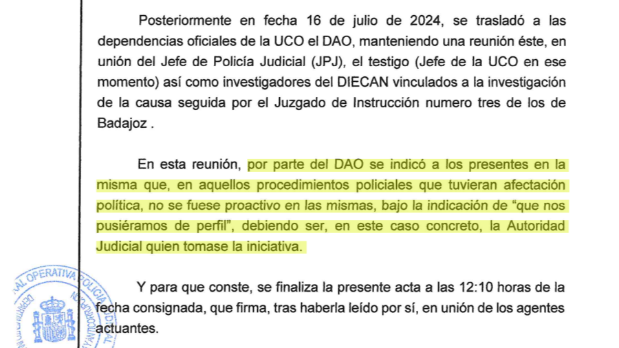 Declaración del jefe de la UCO en la que señala que recibió órdenes para no investigar el entorno de Pedro Sánchez