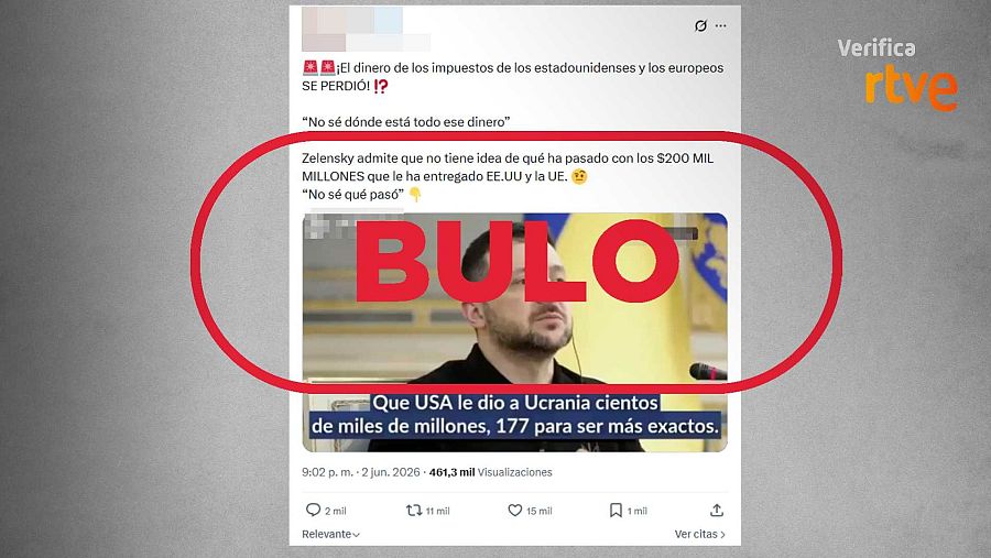 Mensaje que difunde el bulo de que Zelenski ha reconocido que ha perdido 200 millones de dólares en ayudas