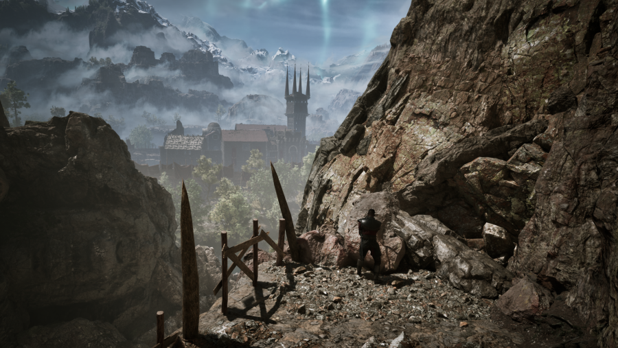 Una montaña con escombros. al fondo una torre y una montaña nevada. Es una imagen generada por ordenador para el videojuego Gothic 1 Remake