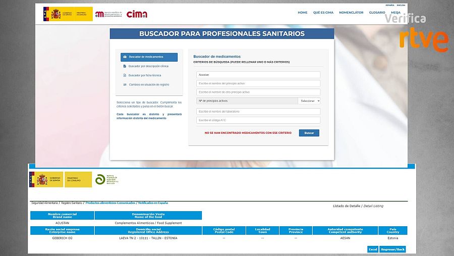 Resultados de búsqueda de Acustan en AESAN y AEMPS