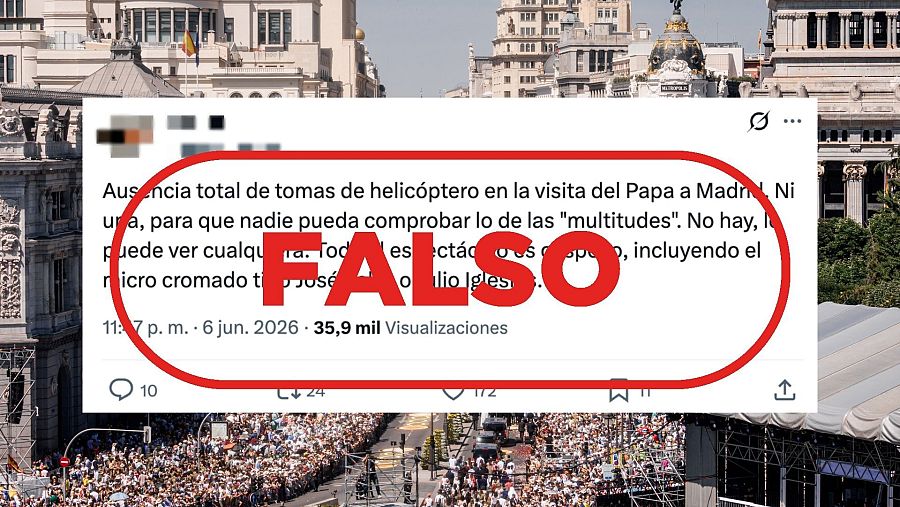 Mensaje que difunde la falsa idea de que no se han emitido tomas aéres de la visita del papa