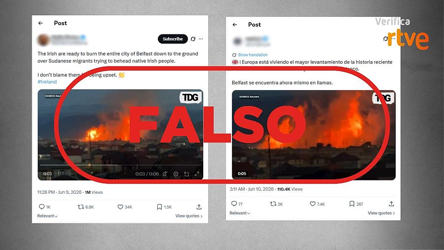 Mensajes de X que difunden un vídeo de una explosión de gas en Rusia como si fueran las protestas en Belfast