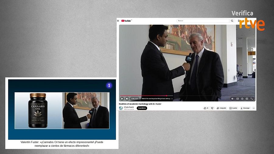 A la izquierda, el montaje que aparece en la web fraudulenta; a la derecha, entrevista real del doctor Fuster en YouTube