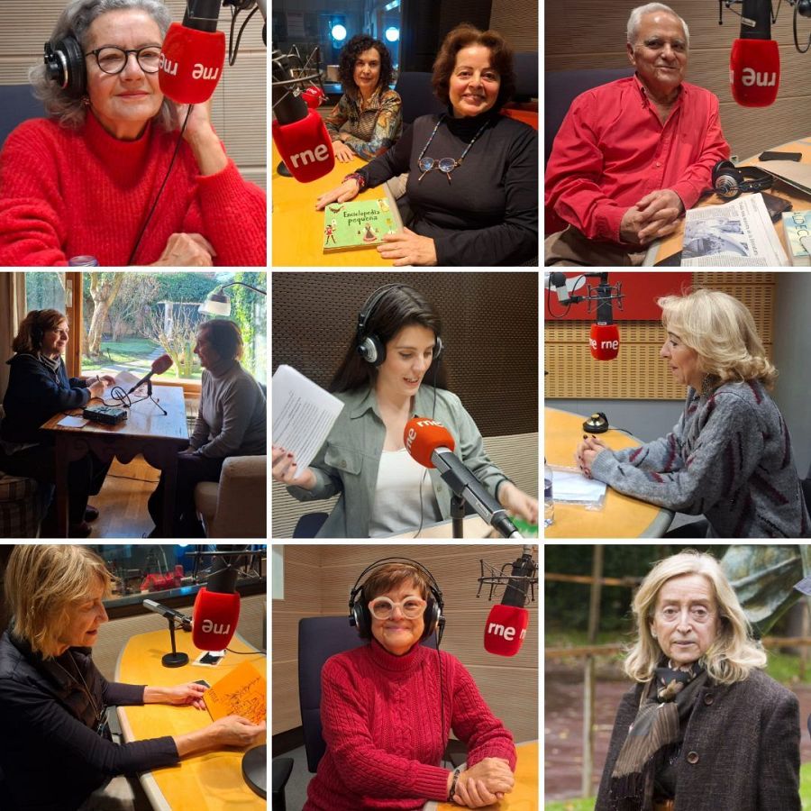 Mosaico de nueve fotos de periodistas y comunicadores españoles, muchos en estudios de radio con micrófonos de RNE. Incluye a Rosa María Calaf, Pepa Fernández, Luis del Olmo, Mara Torres, Julia Otero y Mercedes Milá.