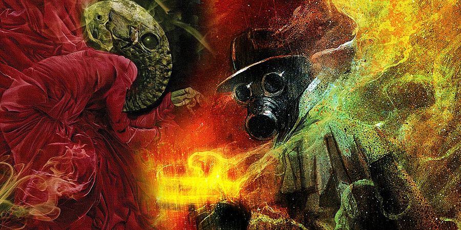 Ilustración de cómic con Morfeo (Sandman de Gaiman) en rojo y calavera verde, enfrentado al Sandman de Matt Wagner con fedora y máscara de gas, rodeado de explosión naranja/amarilla.