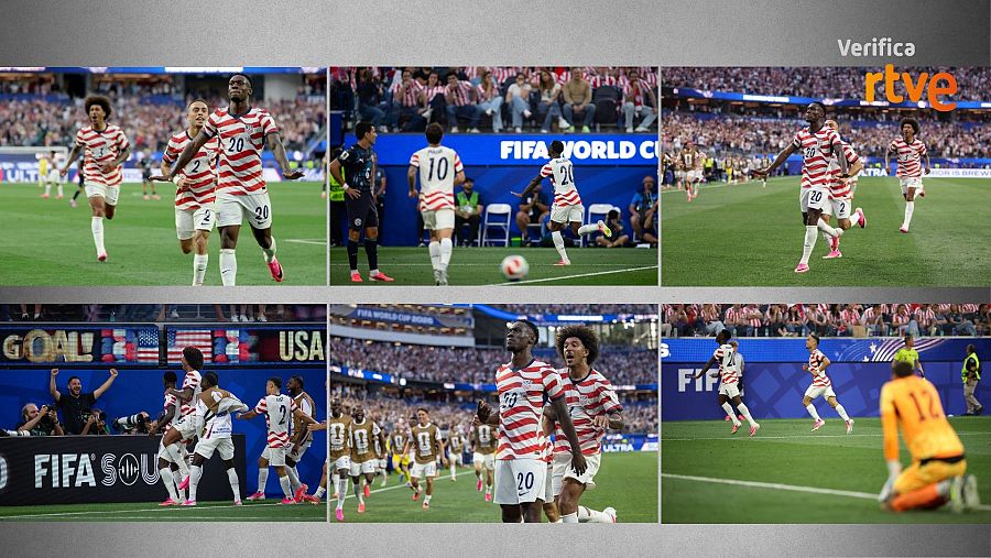 Collage de imágenes oficiales del gol de Balogun obtenidas de Getty Images.