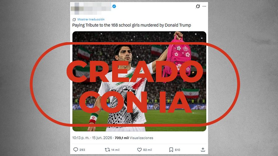 Mensaje que difunde una foto creada con IA de un jugador de Irán con una mochila como si fuera real