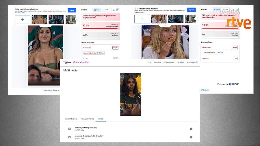 Resultados de Hive y de IVERES de las tres imágenes creadas con IA que se difunden como reales