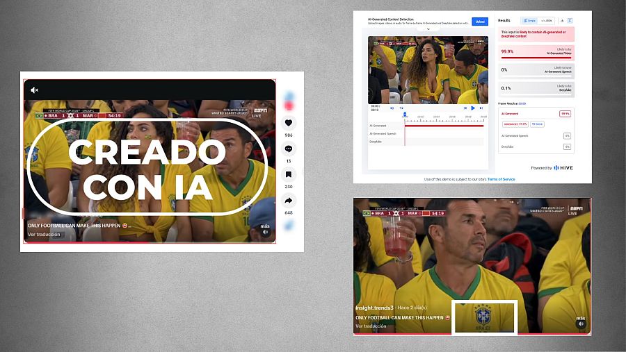 A la izquierda, la publicación de TikTok que difunde el vídeo creado con IA; a la derecha, las evidencias de que es IA