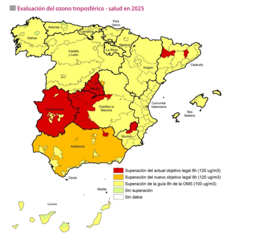 Superación de los niveles de ozono en España en 2025