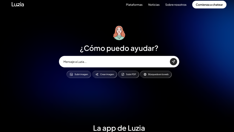 Pagina de inicio de la web del asistente Luzia