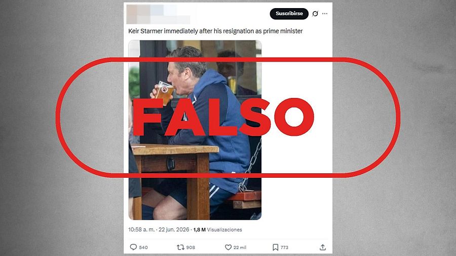 Mensaje de X que difunde como actual una foto de Starmer en un bar