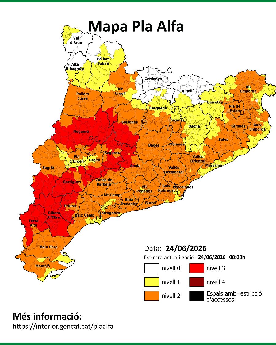 Mapa de riesgo de incendio forestal en Cataluña para el 24 de junio de 2026, con niveles de riesgo del 0 al 4 y áreas restringidas.