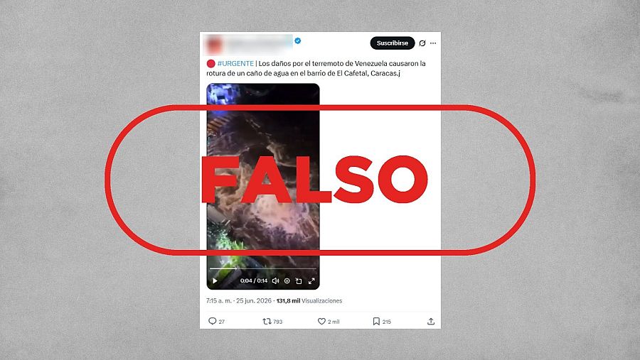 Mensaje de X que difunde como actual un vídeo antiguo de una rotura de tubería en Caracas, Venezuela
