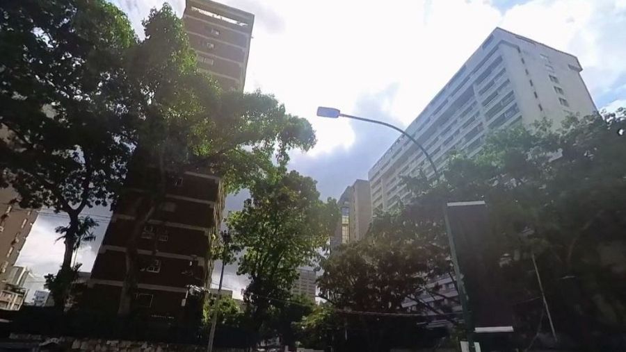 Paisaje urbano de Caracas con dos edificios altos, uno oscuro y otro claro con balcones, rodeados de vegetación exuberante y un cielo luminoso. Una farola con luz azulada se destaca.