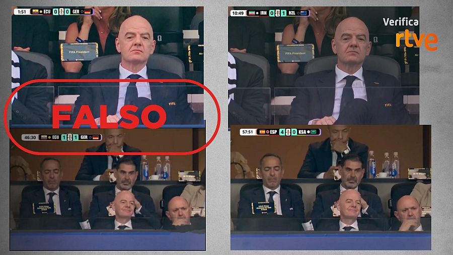 A la izquierda, fotos manipuladas para presentar a Infantino en el Ecuador-Alemania; a la derecha, las imágenes reales