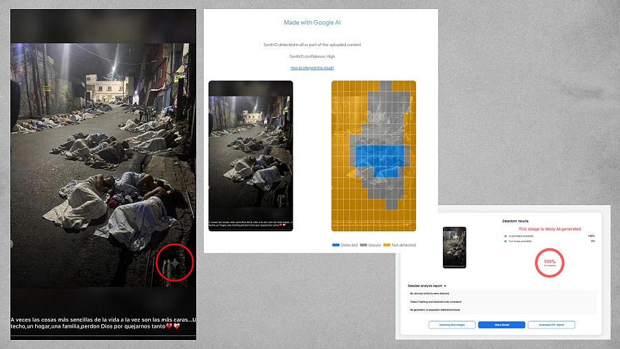 A la izquierda, el logo de Gemini señalado en la imagen y, a la derecha, resultados de las herramientas de detección de IA