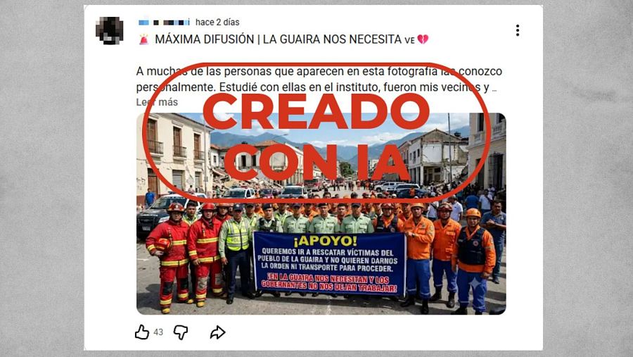 Mensaje que difunde una imagen generada con IA de rescatistas como si fuera real