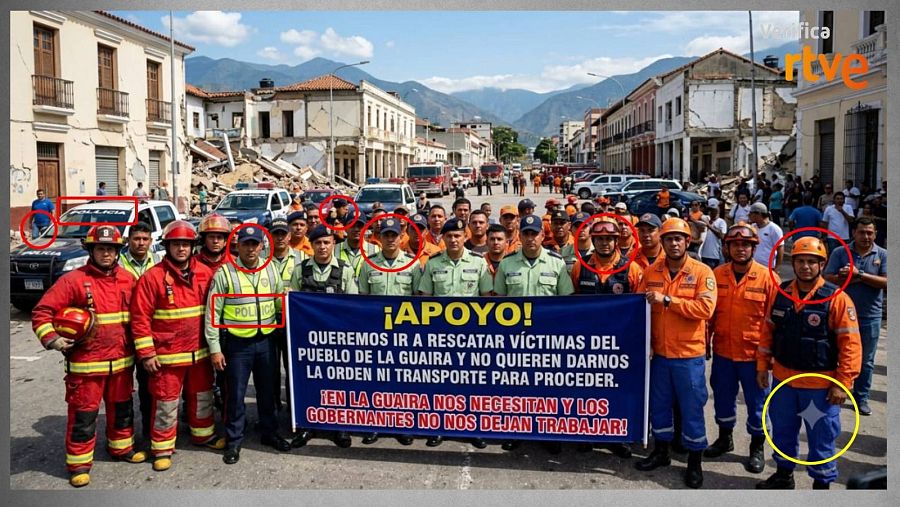 Incongruencias en la imagen difundida de supuestos rescatistas que muestra que es IA